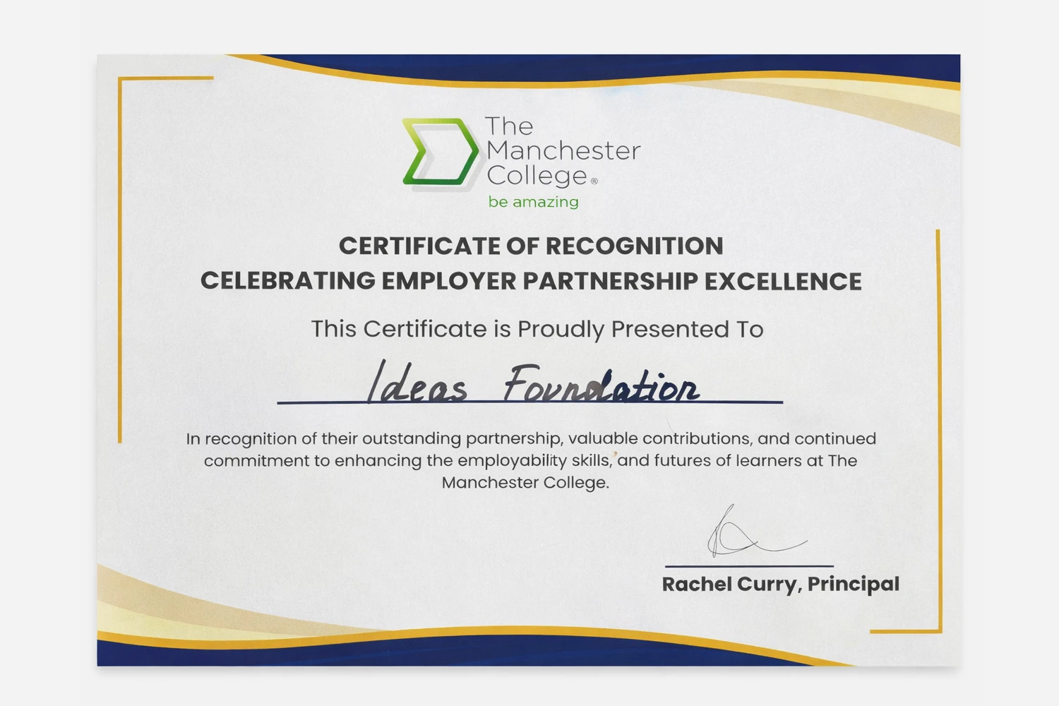 Employer Partnership Excellence Award [scanned-in certificate]